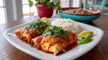 Enchilados on a plate, garnished with fresh cilantro and lime, served with rice and beans, in a bright Mexican interior 