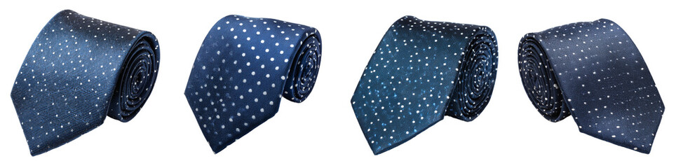 Four elegant rolled navy blue polka dot neckties, classic menswear accessory, studio shot, PNG set Transparent backround