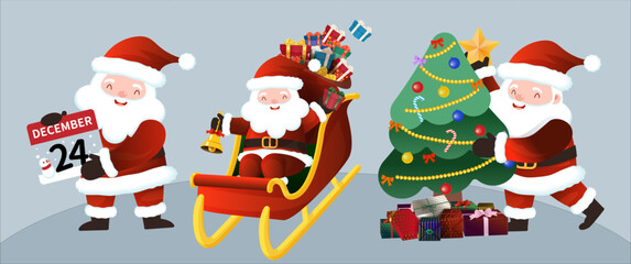 A set of Santa Claus illustrations, holding a calendar, sitting in a sleigh and putting a star on the Christmas tree