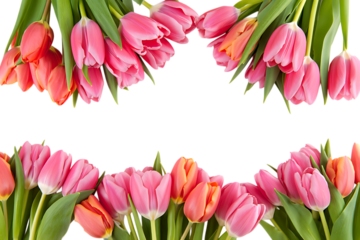 Pink and orange tulips arranged in two rows isolated on white background
