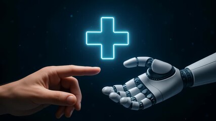 Human finger and robot hand reaching out with glowing medical cross symbol representing AI integration healthcare technology - Powered by Adobe