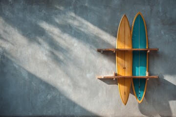 Surf Board Shop. Rack with Two Surf Boards on Concrete Wall Background in Beautiful Sunlight