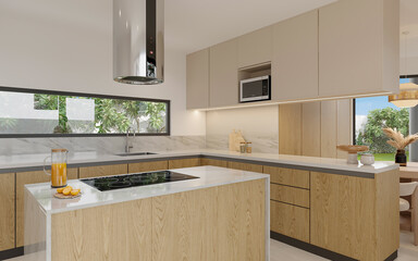 Modern and luxurious contemporary kitchen interior design with wooden cabinets, a new oven, and tile floors in a house, 3d render