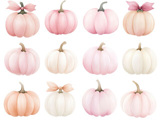 Watercolor pumpkins in shades of pink and white, ideal for autumn decorations.