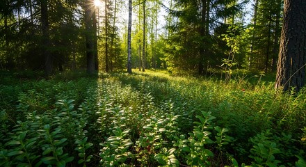 Obraz premium Sunlight Filtering Through a Lush Green Forest