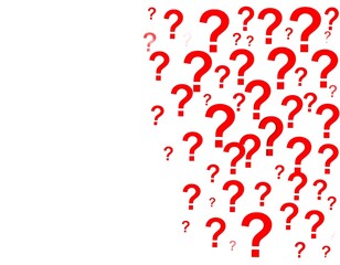 Red question marks scattered on white