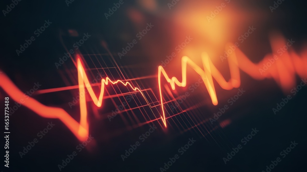Poster fluctuating line graph displayed on computer screen in dark room