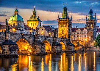 Naklejka premium View of illuminated Charles Bridge with gothic towers and picturesque buildings at twilight