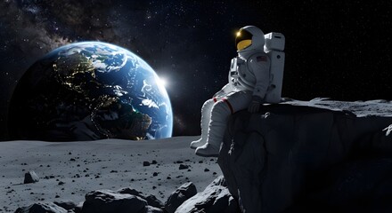 Fototapeta premium An astronaut sits on the Moon's surface, gazing at a beautiful Earthrise with the vast cosmos in the background.