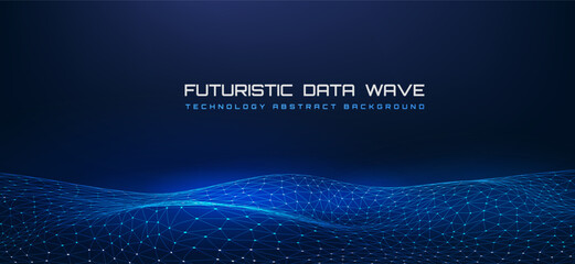 Futuristic Data Wave – Abstract Digital Technology Network Background. Blue glowing wave of connected digital points representing futuristic big data, cyber networks, artificial intelligence concepts.