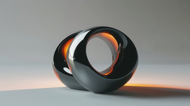 A close up of two interconnected torus shapes with orange glow on a light gray gradient background