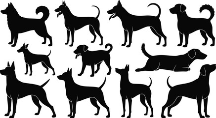 Silhouettes of various dog breeds, standing, sitting, lying down, diverse shapes and sizes, pet care concept, canine posture, animal illustration design