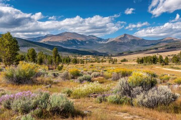 Mountain meadow with wildflowers and pines under a partly cloudy sky