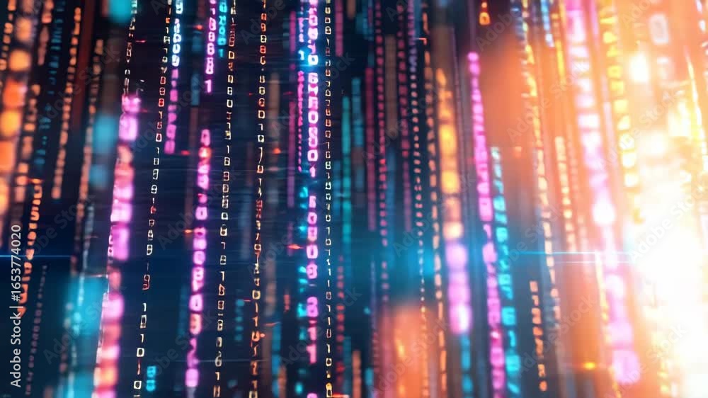 Poster digital data stream with colorful binary code and glowing light effects creating futuristic technolo