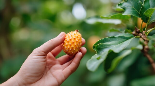 Hand opening an unusual prickly fruit to expose its juicy orange flesh, with a blurred nature background featuring vibrant green leaves 