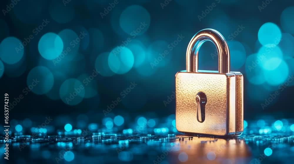 Poster close up macro photograph of a shiny golden padlock with a metallic texture secured and locked isola