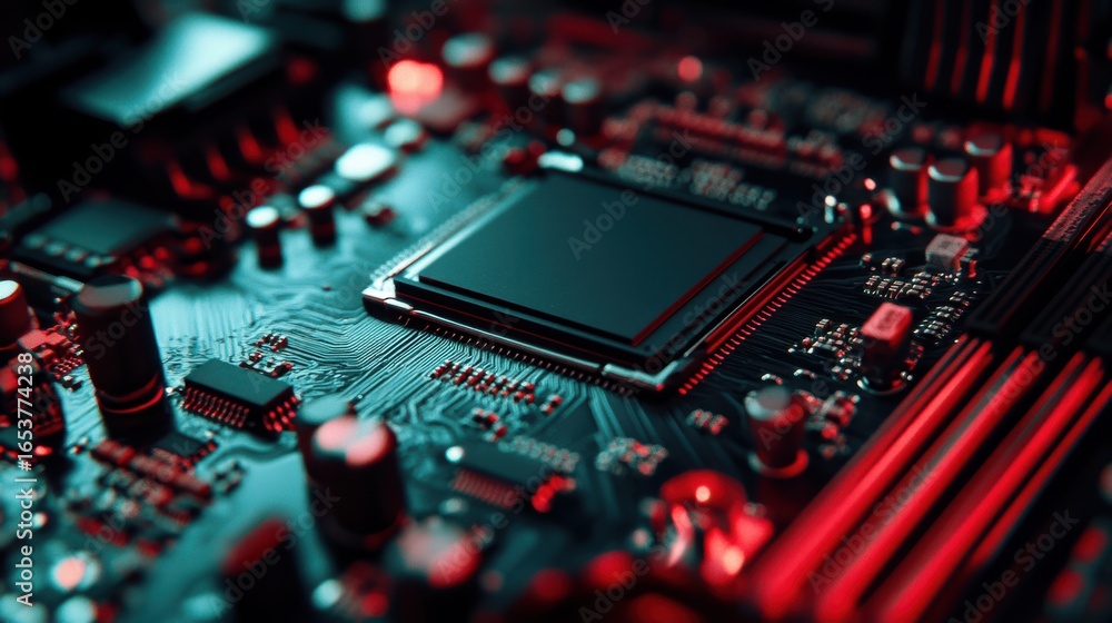 Poster close-up view of computer motherboard with central processing unit