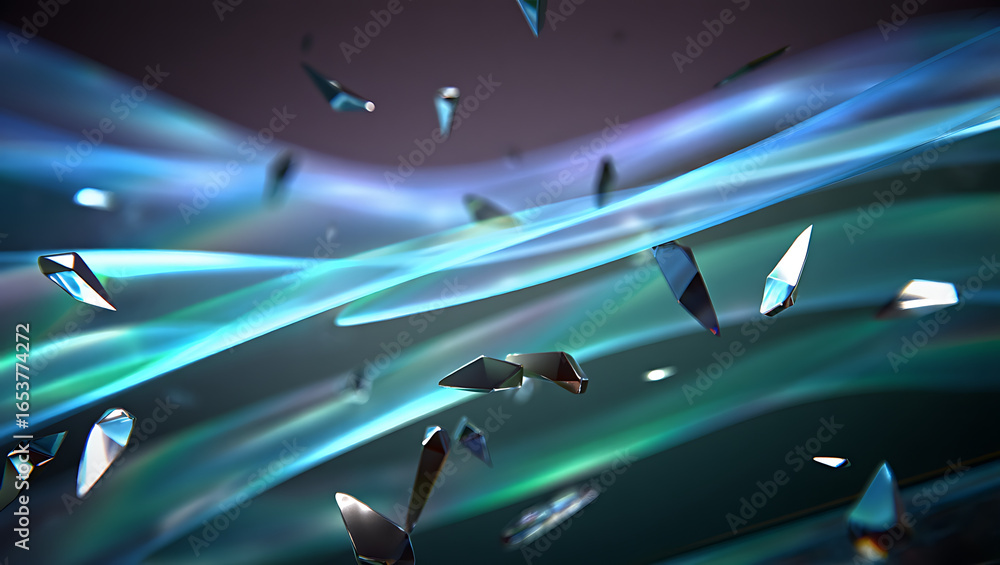 Poster abstract swirling blue and green light trails with shimmering shards of glass or crystal fragments s