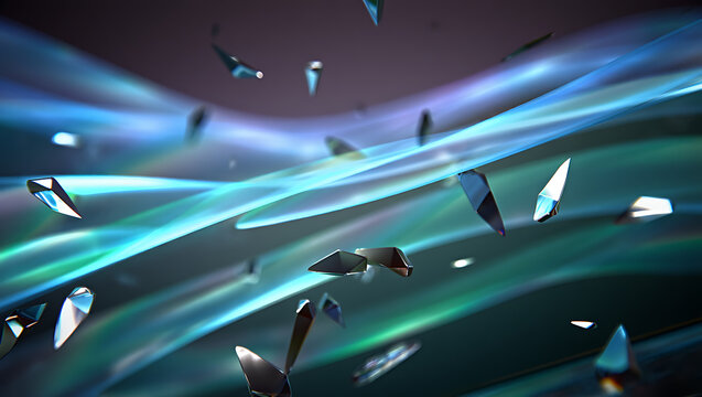 Abstract swirling blue and green light trails with shimmering shards of glass or crystal fragments suspended in motion against a dark background creating a futuristic and ethereal atmosphere