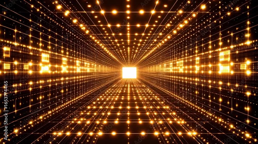Poster futuristic abstract digital tunnel with glowing neon lights and particles moving through a wormhole 