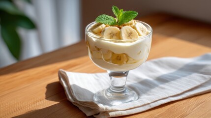 Homemade banana pudding in a clear glass dessert glass on a wooden table, decorated with fresh banana slices and mint, soft daylight from the window, top view 