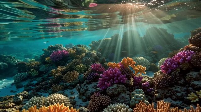 Underwater Paradise: Radiant sunbeams cascade down through the crystal-clear water, illuminating a vibrant coral reef, creating an enchanting underwater tableau of aquatic life.