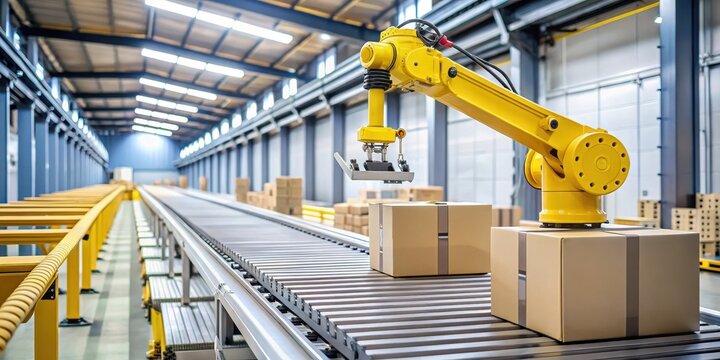 A yellow robotic arm reaches for packages on a moving conveyor belt in a manufacturing facility
