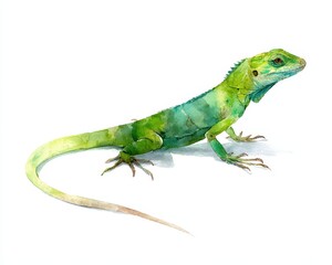 Watercolor Lizard: Closeup of a Green Tropical Lizard Isolated on White Background