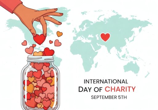 International day of charity, international day of charity illustration with hearts being donated to a jar, symbolizing love, giving, and global support