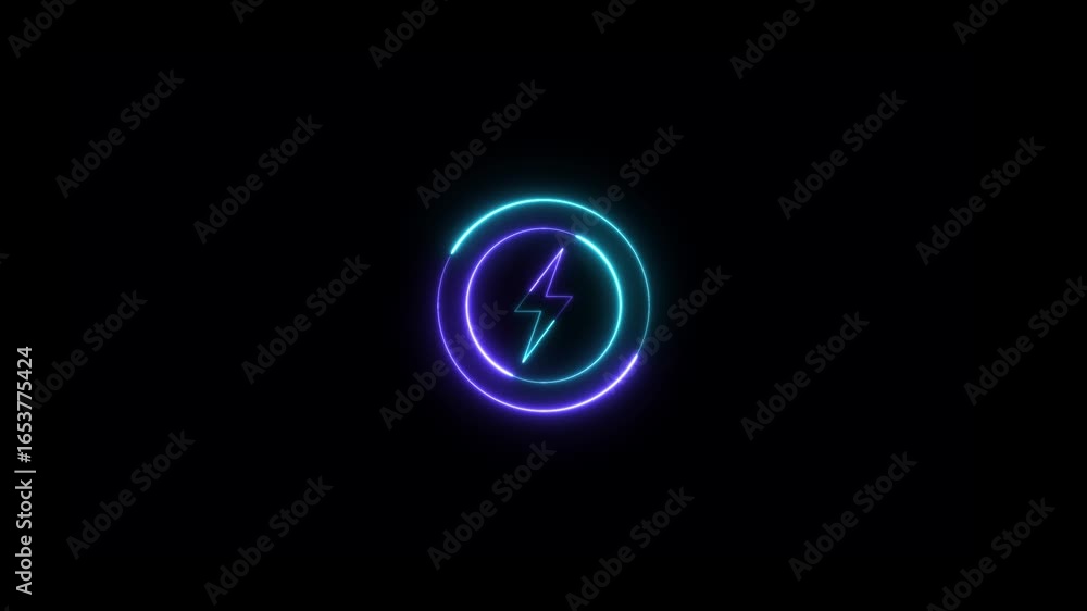 Poster lightning bolt sign animation in the glowing circle. glowing neon light seamless loop abstract neon 