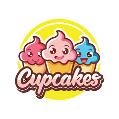 Cartoon Cupcakes Mascot Logo with Smiling Faces, Yellow Circle on White Background
