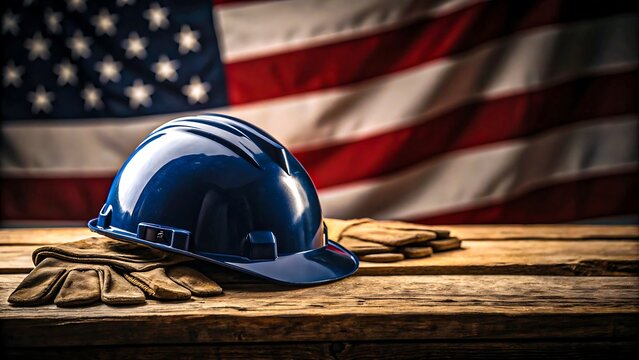 Blue hard hat and gloves on wooden table with American flag background 
