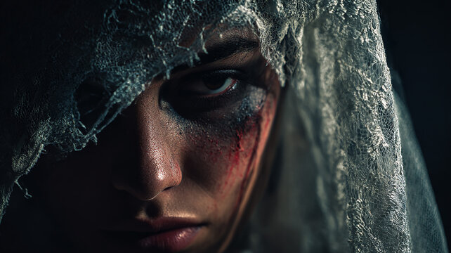 Zombie wedding portrait, cinematic dark shot of broken lace veil over undead bride's face