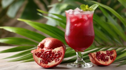 Pomegranate margarita cocktail on a background of tropical plants, bright red drink with ice, pomegranate fruits sliced nearby, emphasis on freshness and summer mood