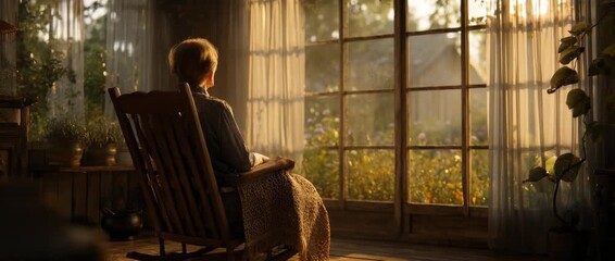 Senior woman relaxing in rocking chair looks at the garden through the window at golden hour - Powered by Adobe