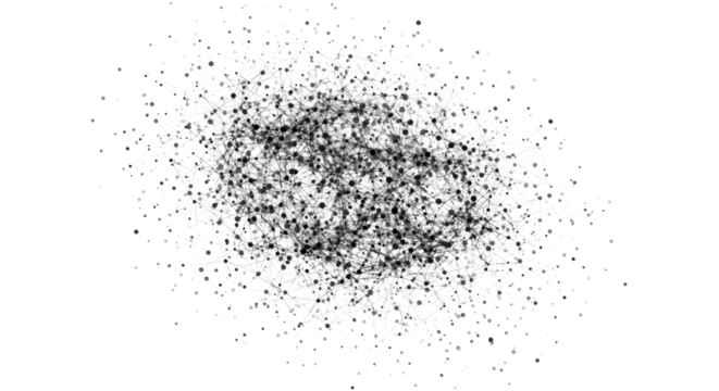 Intricate abstract digital network of black nodes and translucent lines, top-down aerial view against a transparent studio background with copy space, concept of modern digital infrastructure