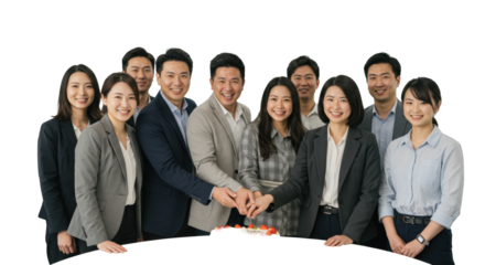 Diverse adult professionals in smart-casual attire, beaming with pride around a strawberry cake, one poised to cut it, in a bright modern office with bokeh. Corporate success concept