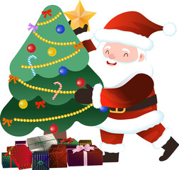 Santa Claus putting a star on top of the Christmas tree