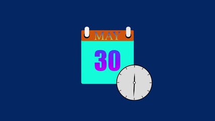 Glowing calendar animation May 30 date animation. glowing clock loop and black background