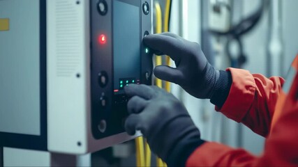 Worker operates control panel in industrial facility while wearing gloves and safety gear