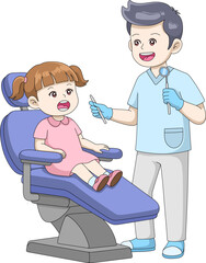 dentist checking little girl's teeth. A friendly, professional, and comforting scene that promotes good oral health. Perfect for dental clinic promotions