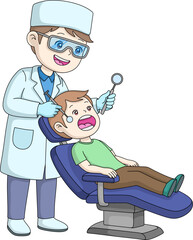 A friendly dentist performs a dental checkup on a little boy in a clinic. A professional and comforting scene promoting good oral health for kids