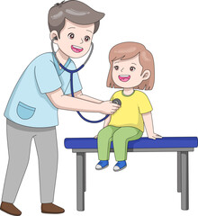 A caring doctor listens to a little girl's heartbeat with a stethoscope during a checkup. A sweet illustration ideal for children's health and medical content