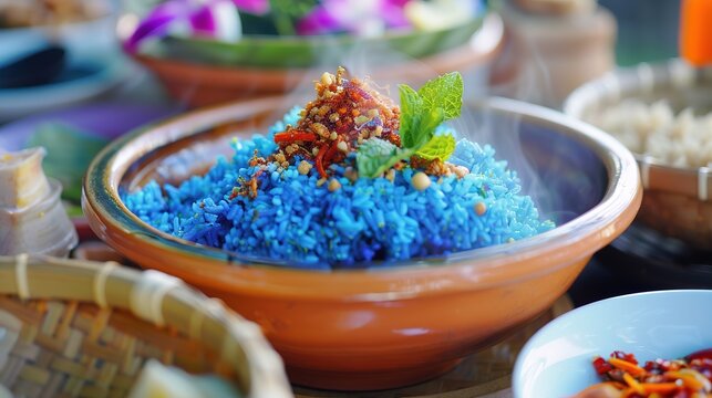 Colorful nasi kerabu in a terracotta bowl, blue rice contrasting with fresh herbs and aromatic spices.
