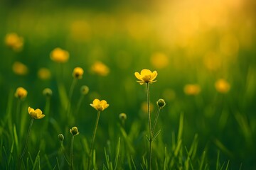 Fototapeta premium Soft focus meadow with yellow wildflowers and warm golden sunlight