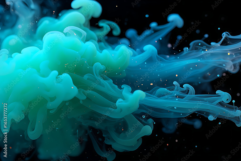 Poster vibrant turquoise ink cloud swirling and dispersing in dark water creating an ethereal abstract expl