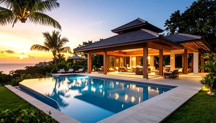 Obraz premium Sunset view of a luxurious pavilion home with an infinity pool and tropical landscaping