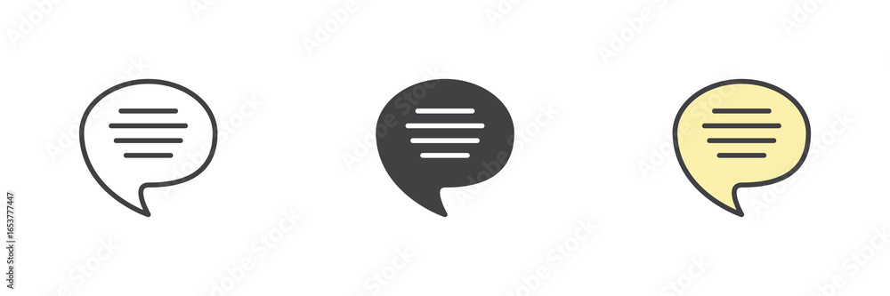 Poster speech bubble chat icon set in line, solid and filled outline style