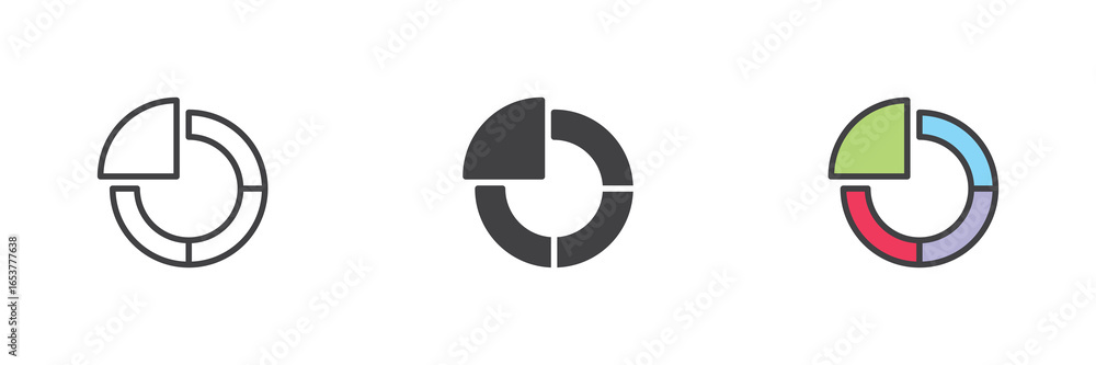 Poster pie chart icon set in line, solid and filled outline style