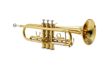 Obraz premium A pristine classic brass trumpet, highly polished with a gleaming golden finish and silver-plated valves, against a transparent studio background with soft high-key lighting, concept of musical